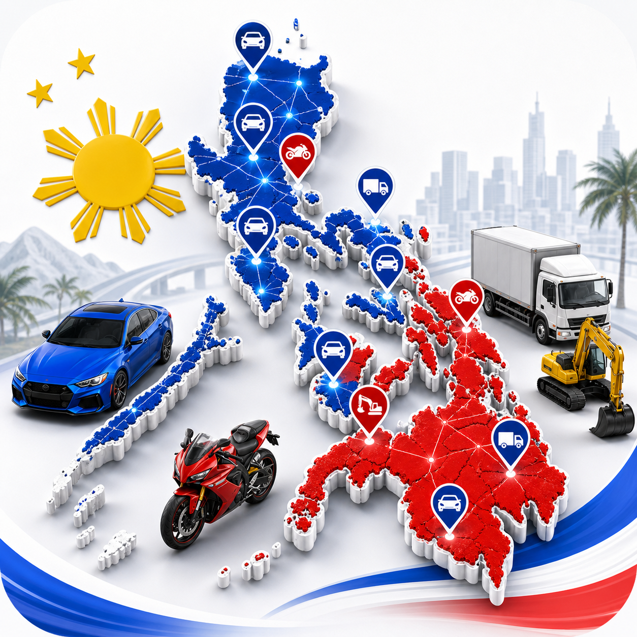 Map of the Philippines with automotive coverage markers across regions.