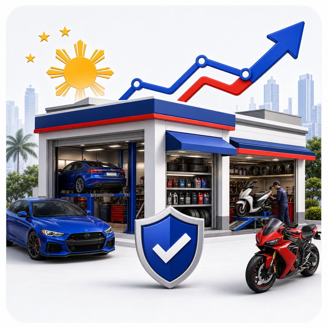 Automotive business growth artwork with an upward trend line.