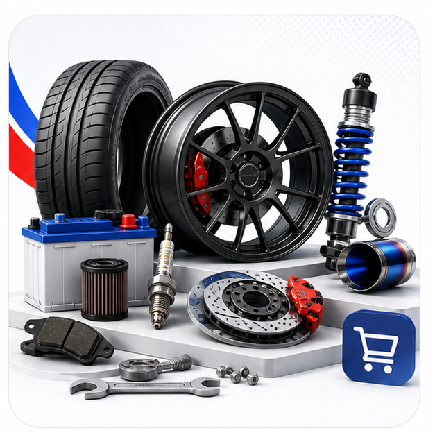 Parts and accessories category artwork showing wheels, brakes, suspension, and tools.