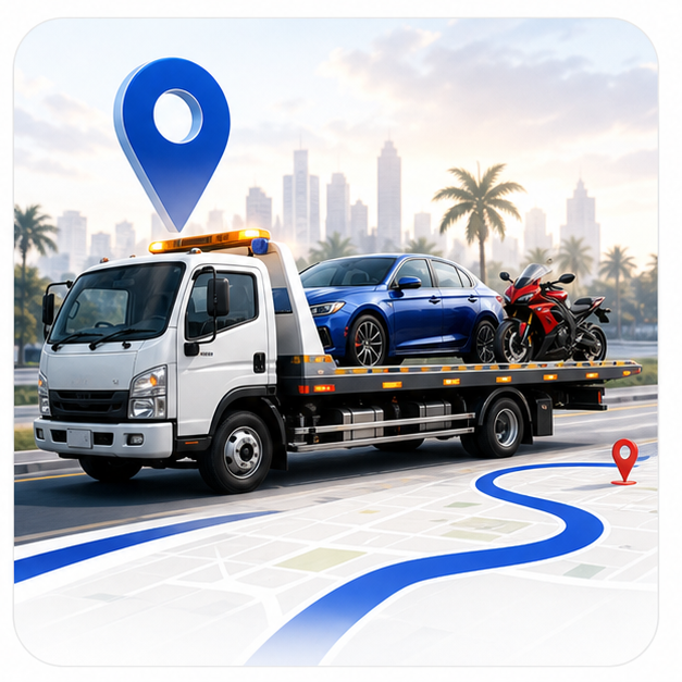Tow and delivery category artwork showing a flatbed truck carrying a car and motorcycle.
