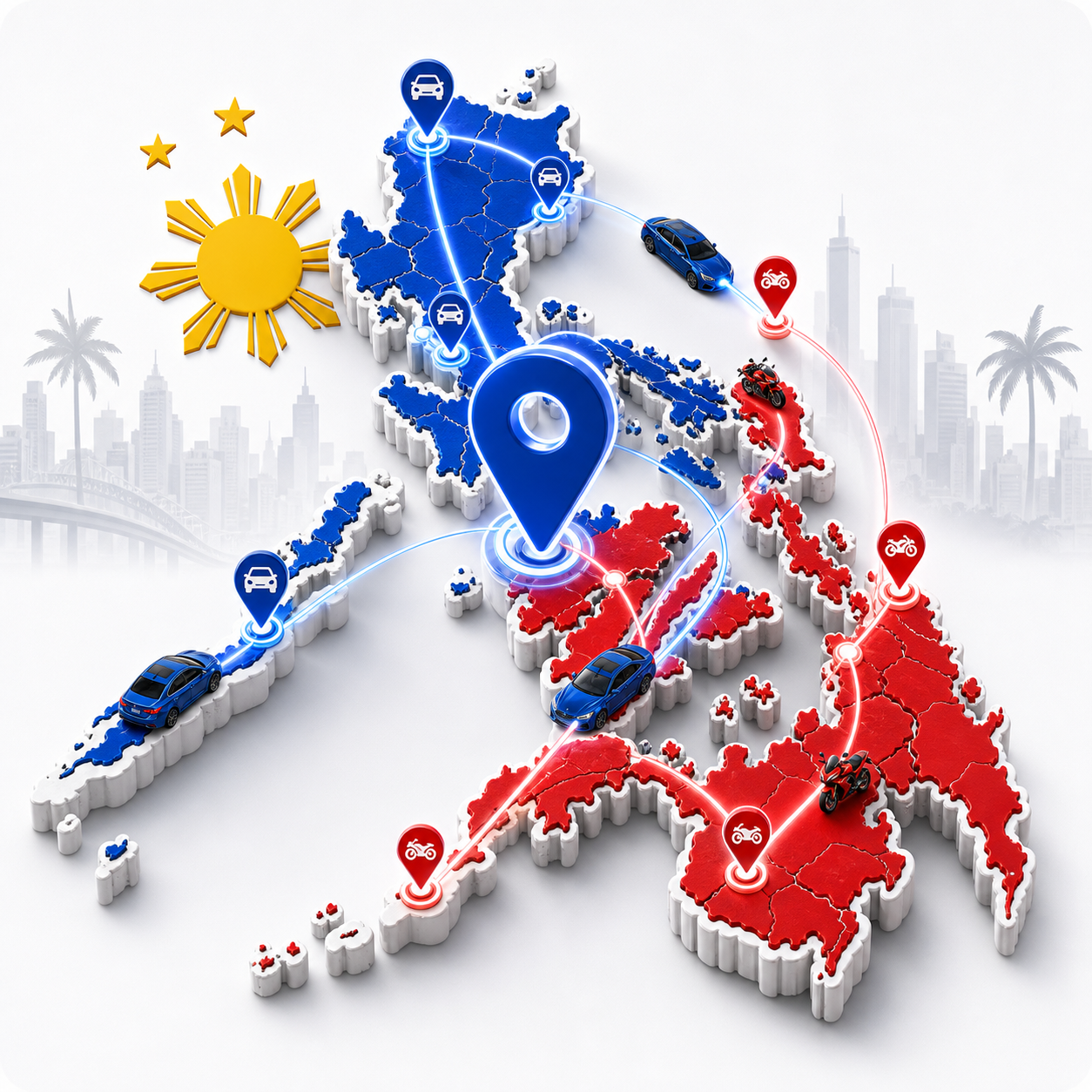 Nationwide map with connected vehicle and motorcycle routes.