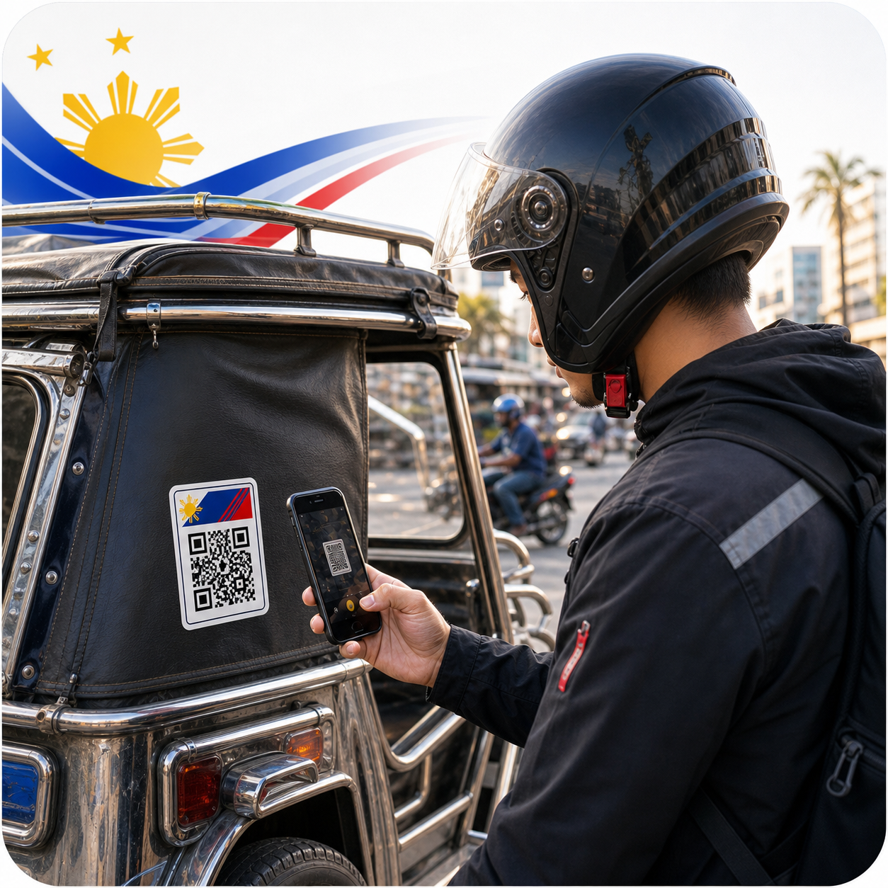 Person scanning a QR code on a tricycle with a mobile phone.