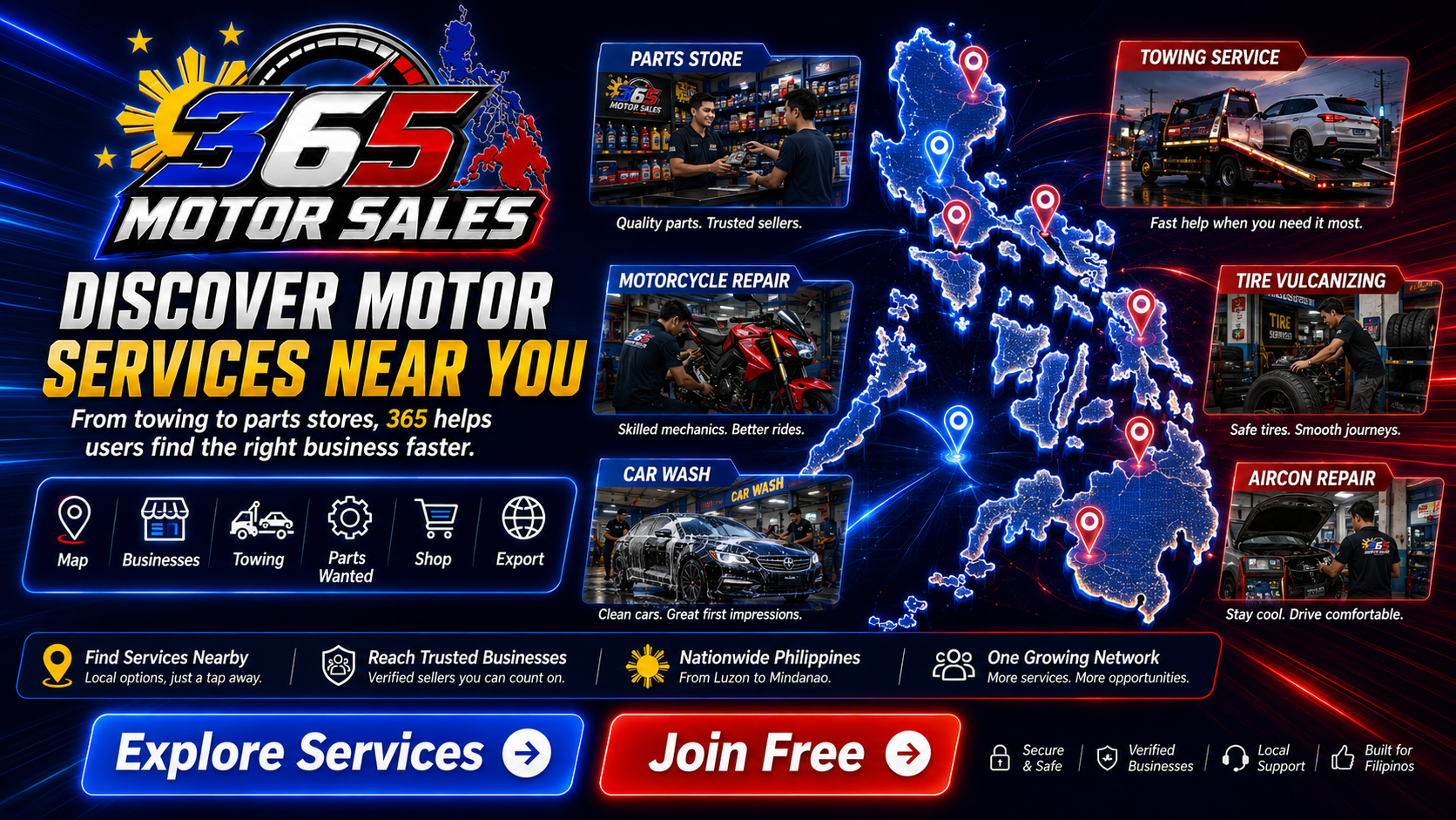 Discover motor services near you — from towing to parts stores, nationwide.