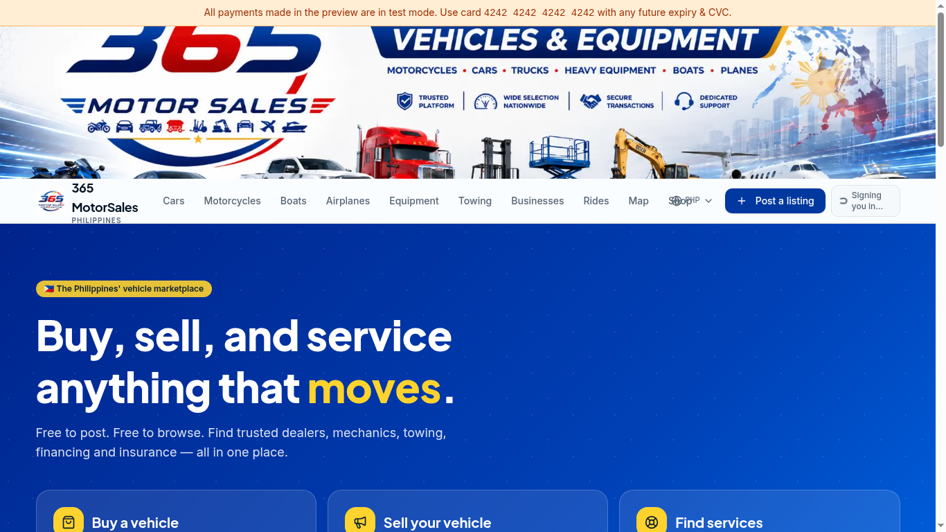 365 MotorSales home page showing the Post a listing button