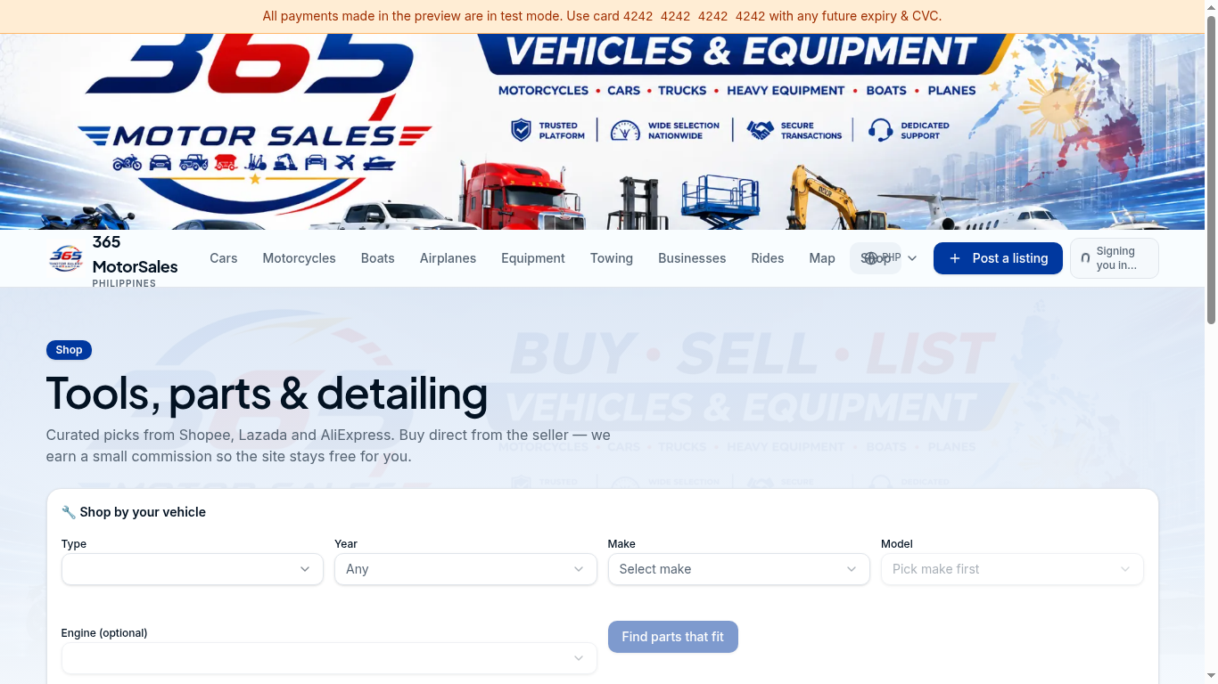 Shop page with vehicle fitment picker